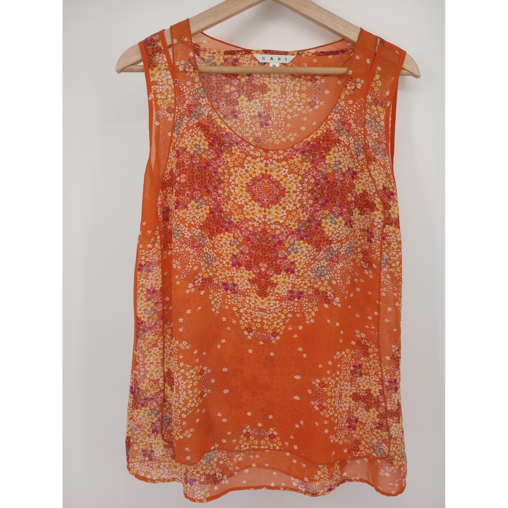 Cabi Sleeveless Blouse Womens Medium Orange Floral Sheer Layered Tank Top